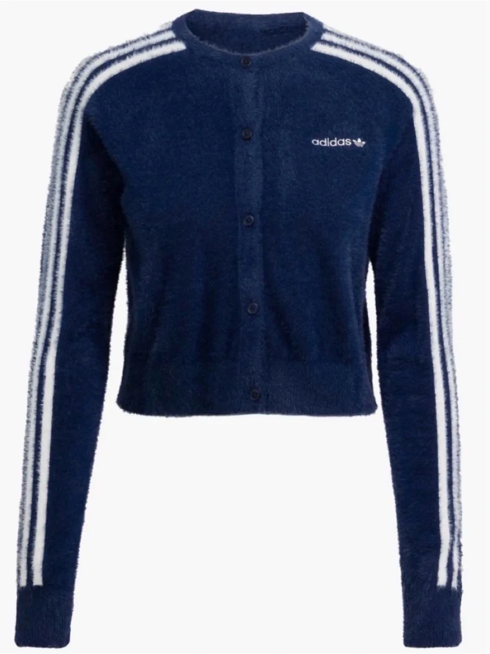 adidas Navy Fuzzy Button Cardigan with White Stripe Details